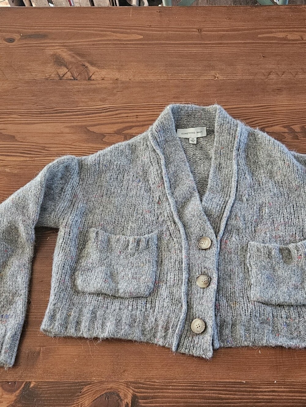 Something Navy Speckled Light Gray Cropped Shawl Collar Cardigan